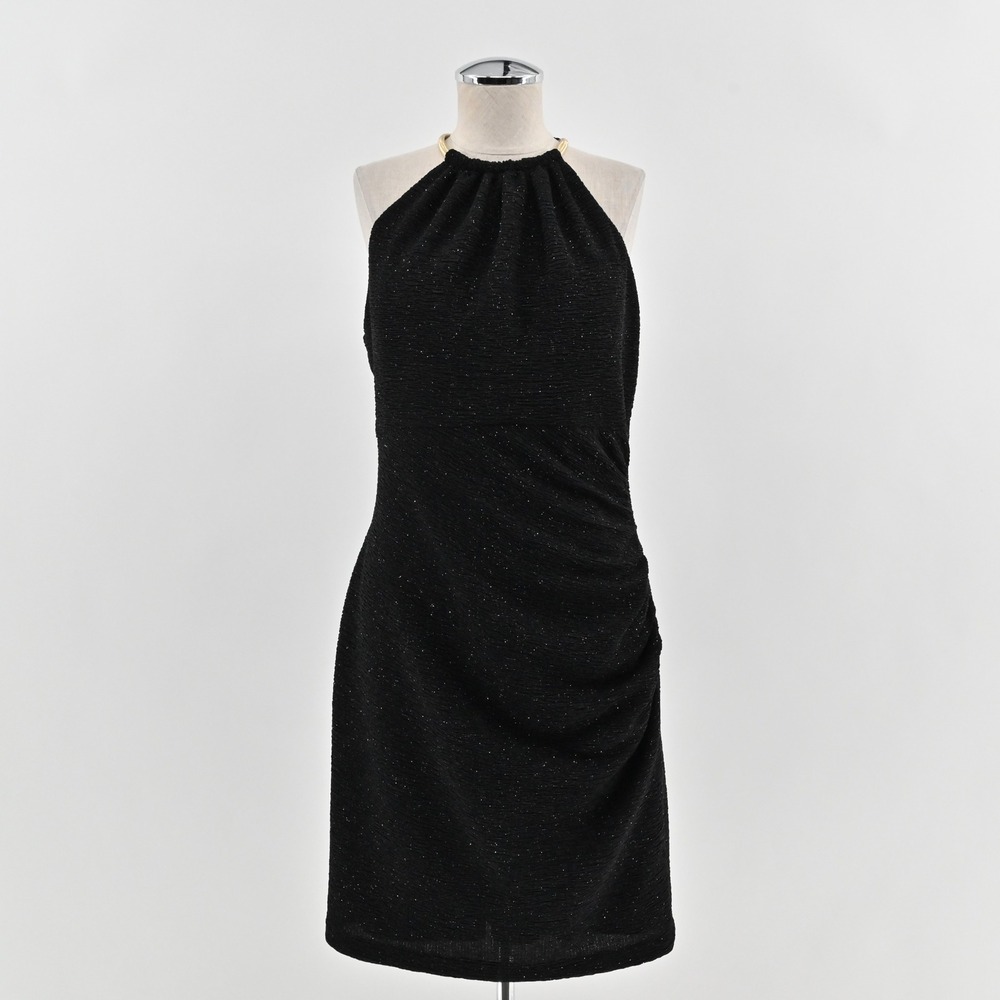 Eliza J Glitter‎ Cocktail Dress Size 8 Black Halter Gothic Ruched Party Stretch
